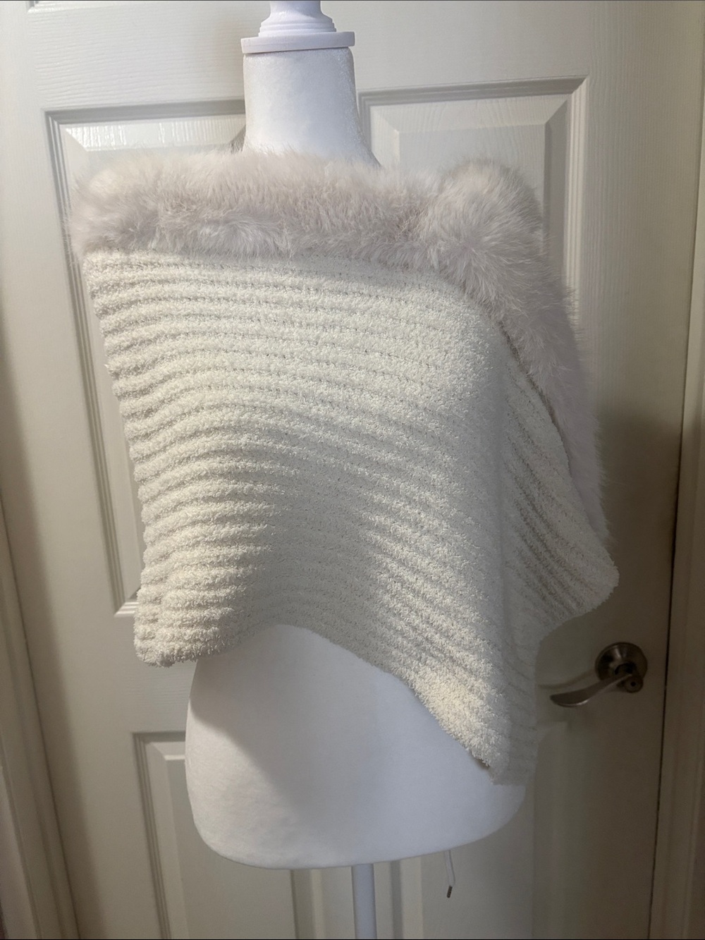 Cozy Cream Faux-Fur Trim Knit Poncho